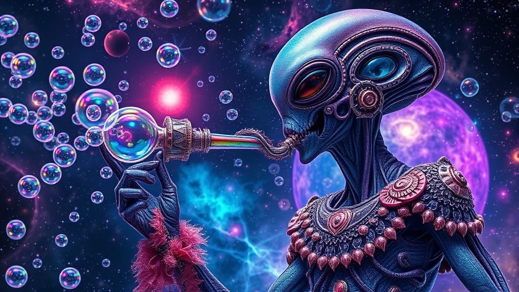 Giant Alien Blowing Bubbles in Space, Hyperrealistic Style