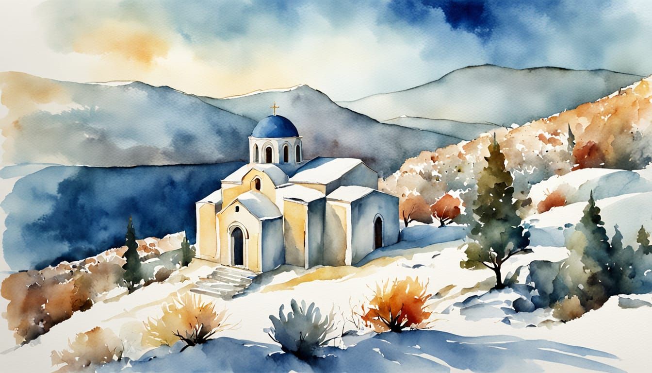 Watercolor Painting of Greek Church in Winter