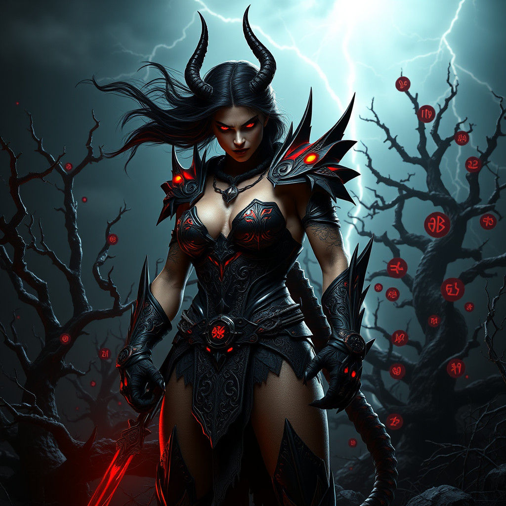 Fierce Demon Warrior in a Dark Fantasy Landscape