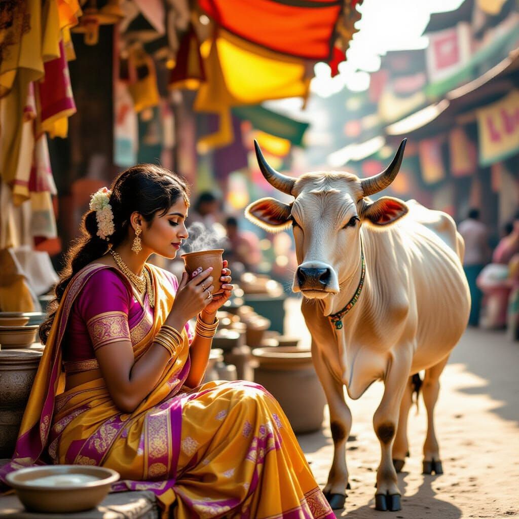 Indian Woman in Sari Drinks Zebu Milk at Market