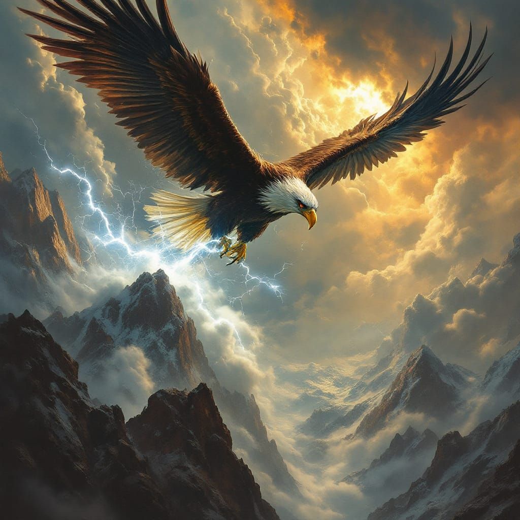 Eagle Gripping Lightning Over Mountains in Dramatic Style