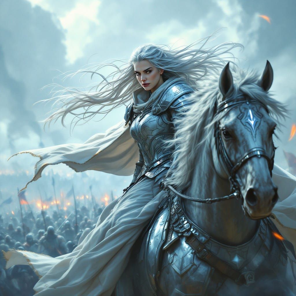 Regal Queen Rides into Battle atop a Majestic Warhorse in a ...