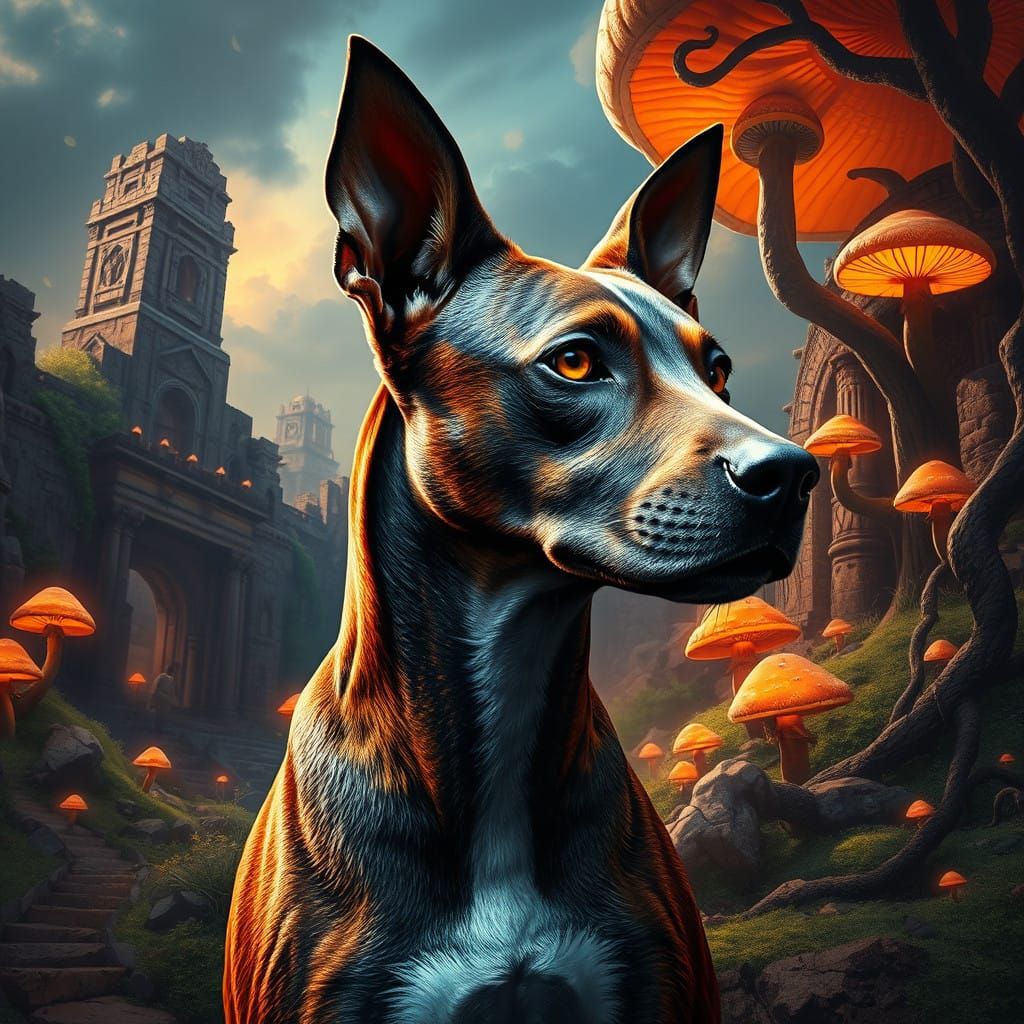 Fantastical Canine Figure in Ancient Ruins