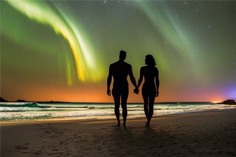 The Northern Lights a warm evening, calm sea and starlit sky. No better time for skinny dipping.