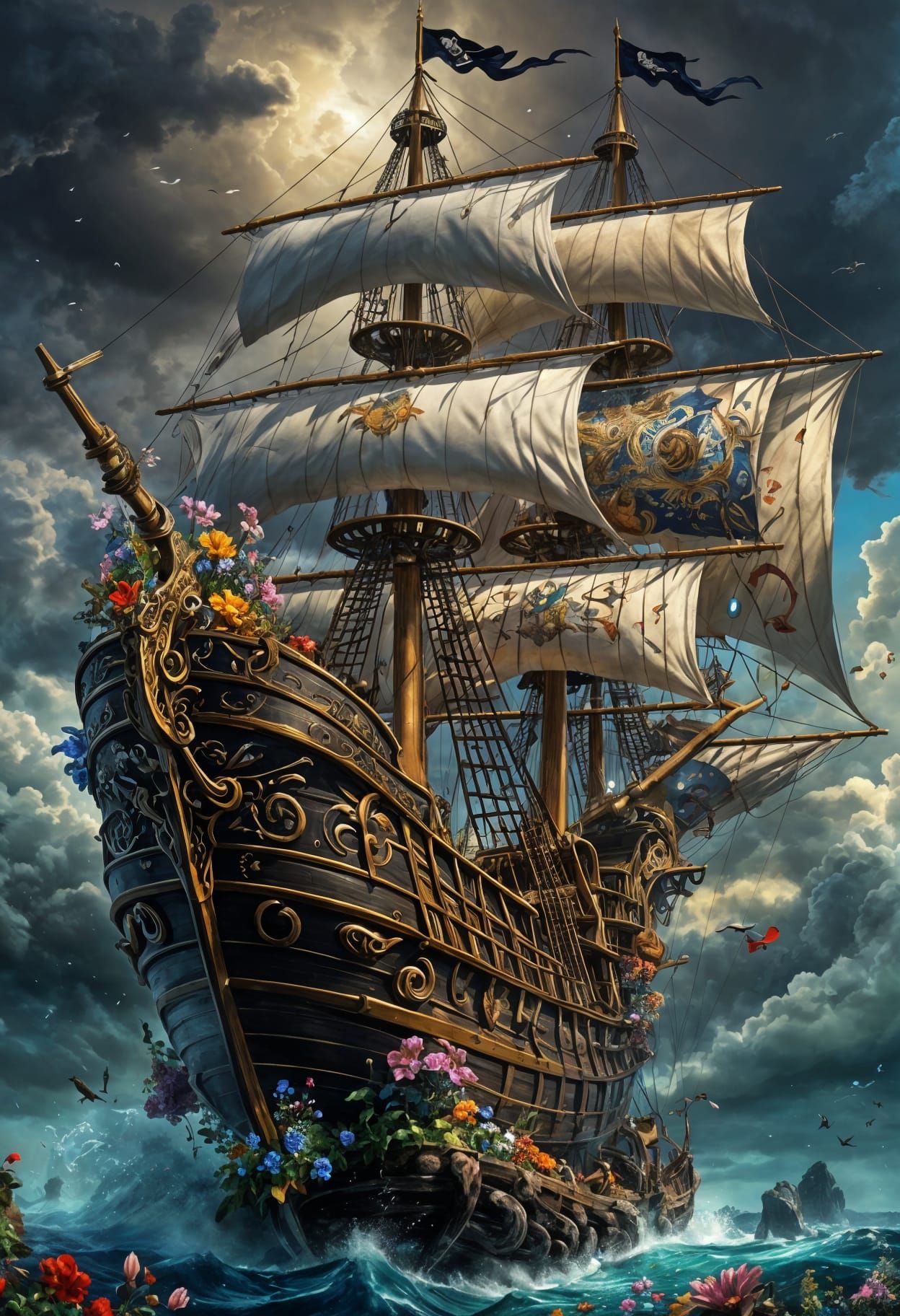 Colorful Norse Pirate Ship in Stormy Seas