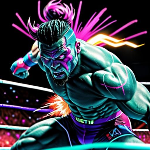 Vibrant Wrestler in Neon Ring: Digital Art