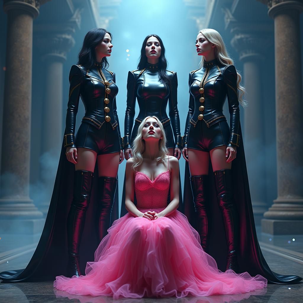 Female Warriors Dominate Cowering Figure in Fantasy Matte Pa...