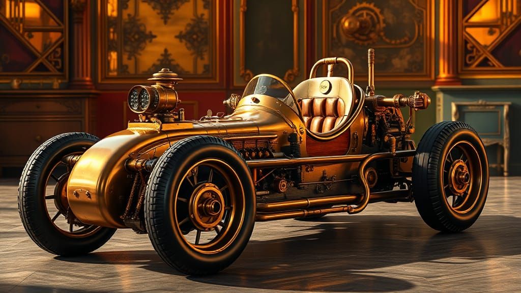 Steampunk Formula Race Car with Victorian Backdrop