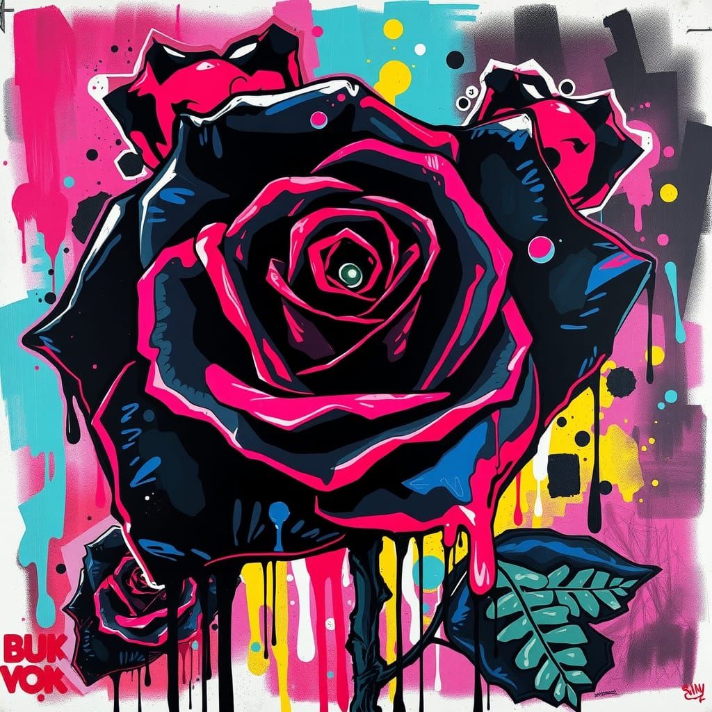 Black Rose Graffiti Art in Synthwave Neon Style