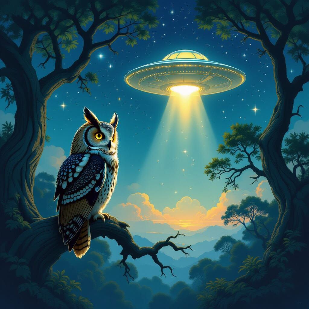Wise Owl Watches UFO in Starry Night Sky