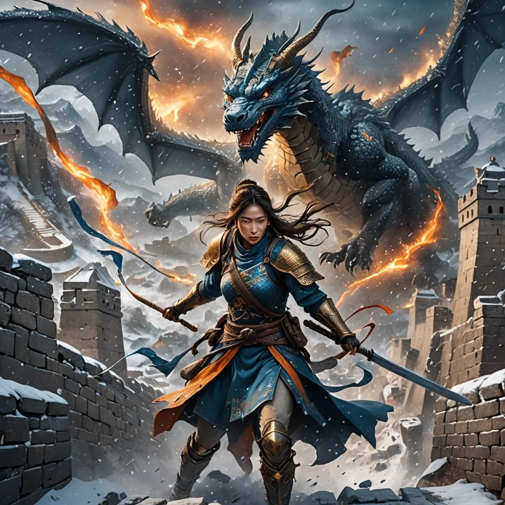 Girl Warrior Battles Dragons on Snowy Great Wall