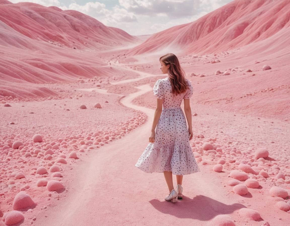 Woman in Polkadot Dress in Dreamy Pink Landscape
