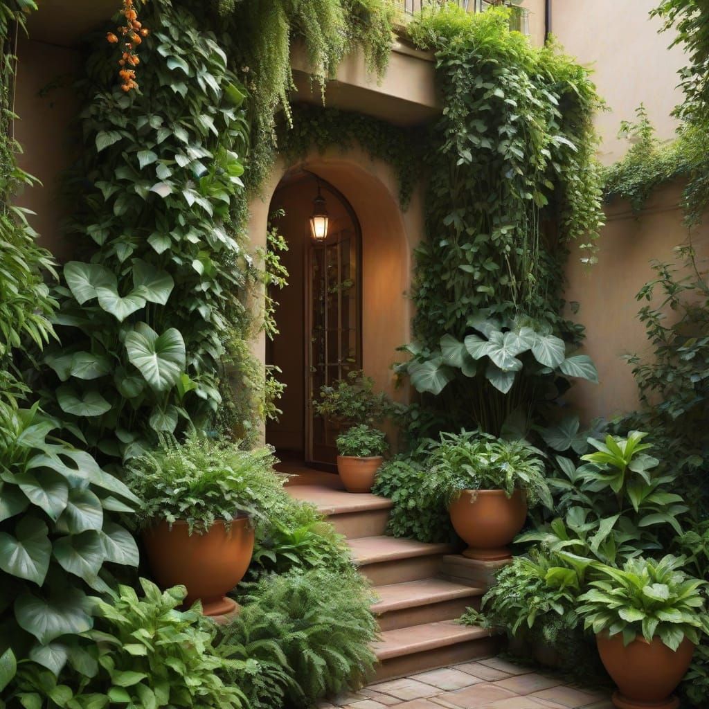 Lush Impressionist Garden Scene with Vibrant Greens and Eart...