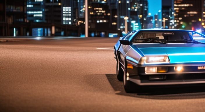 Emerald Blue DeLorean in City, Hyperrealistic Photography