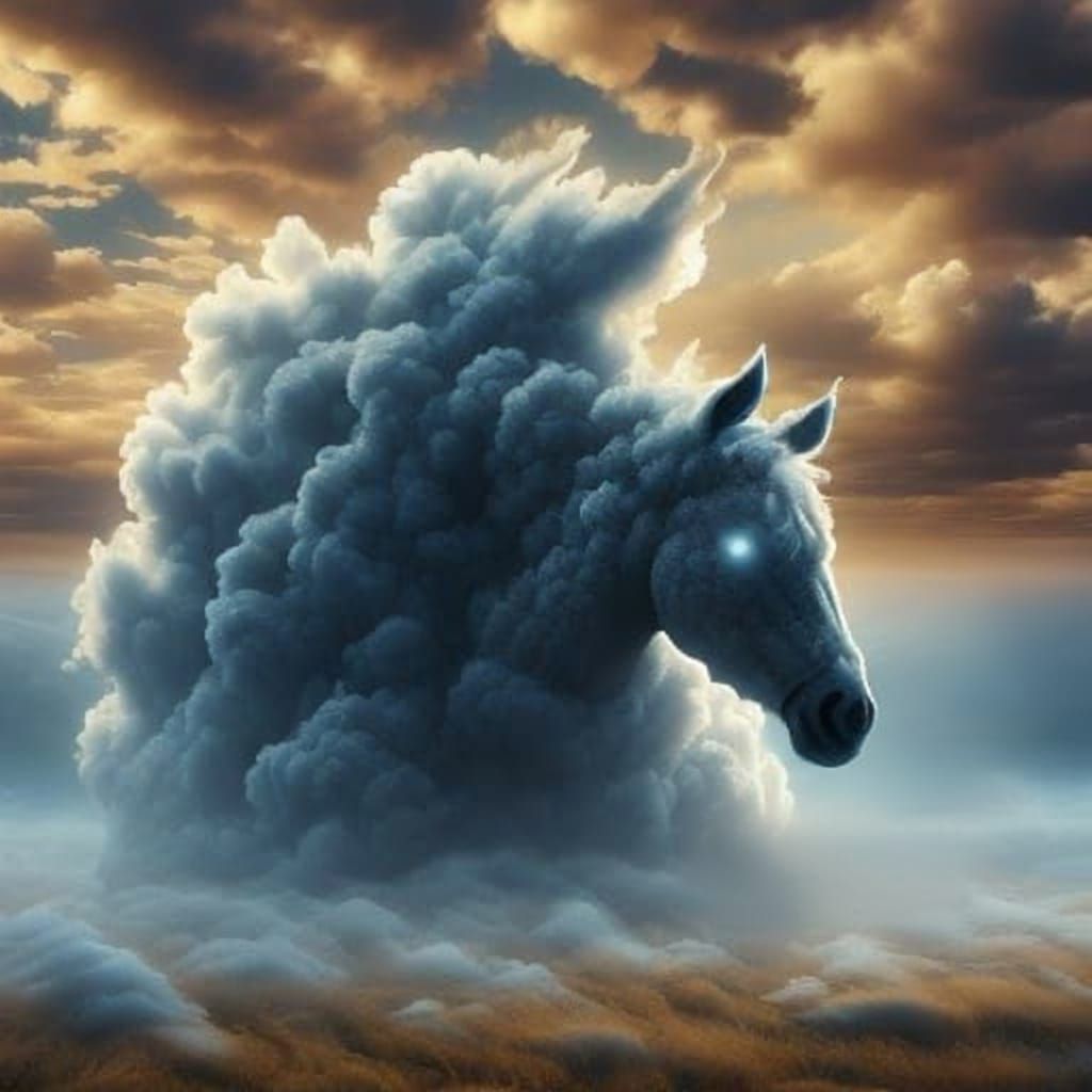 Surreal Cloud Horse and Rider in Dreamlike Sky