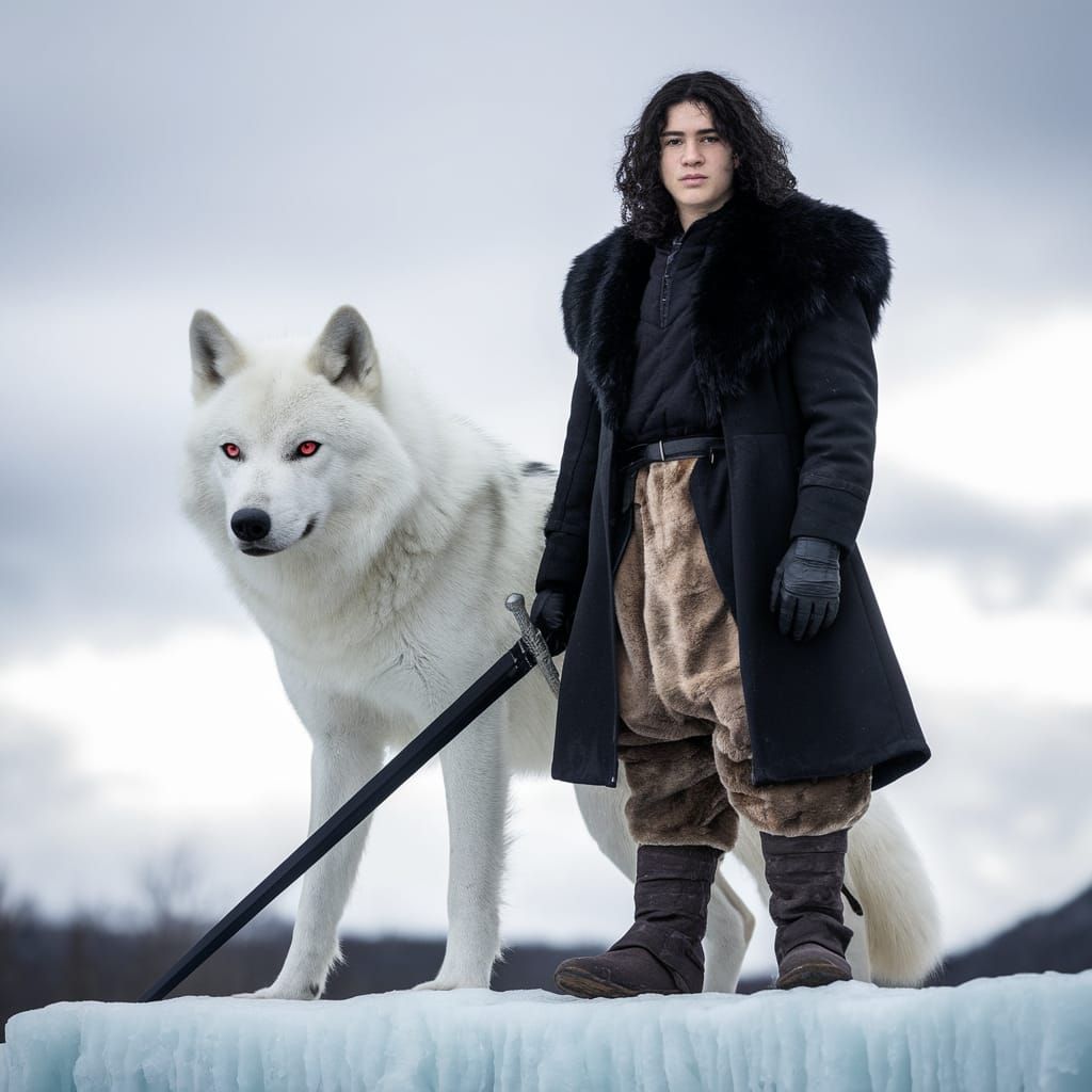 Medieval Teenager Wields Sword Beside a Majestic Albino Wolf