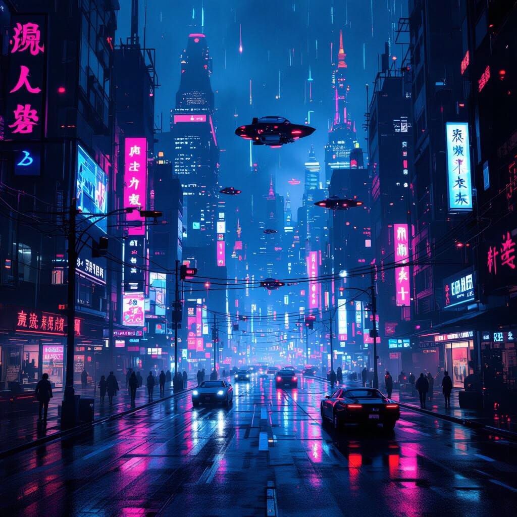 Cyberpunk Cityscape At Night With Neon Lights