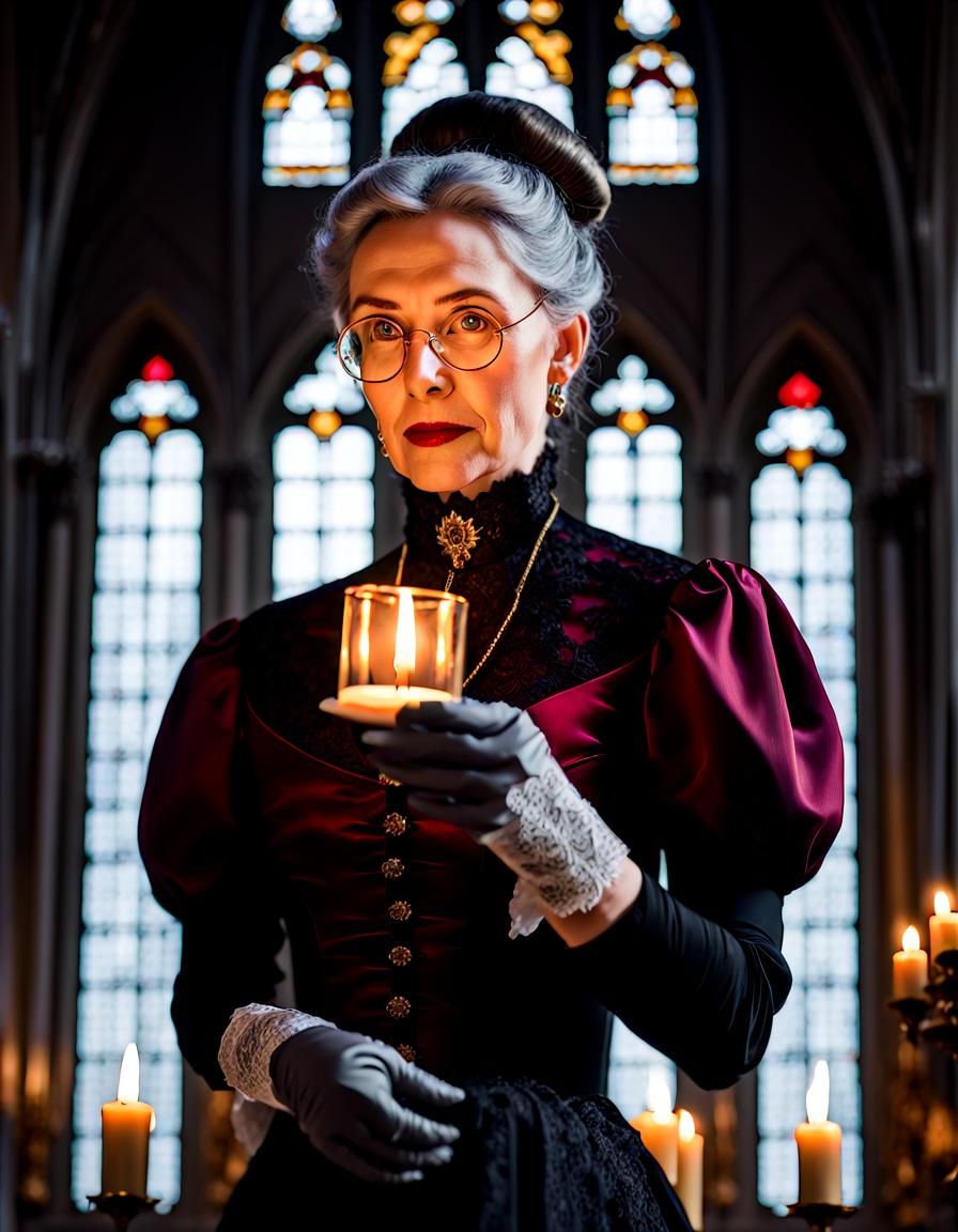 Gothic Woman Lights Candle in Baroque Portrait