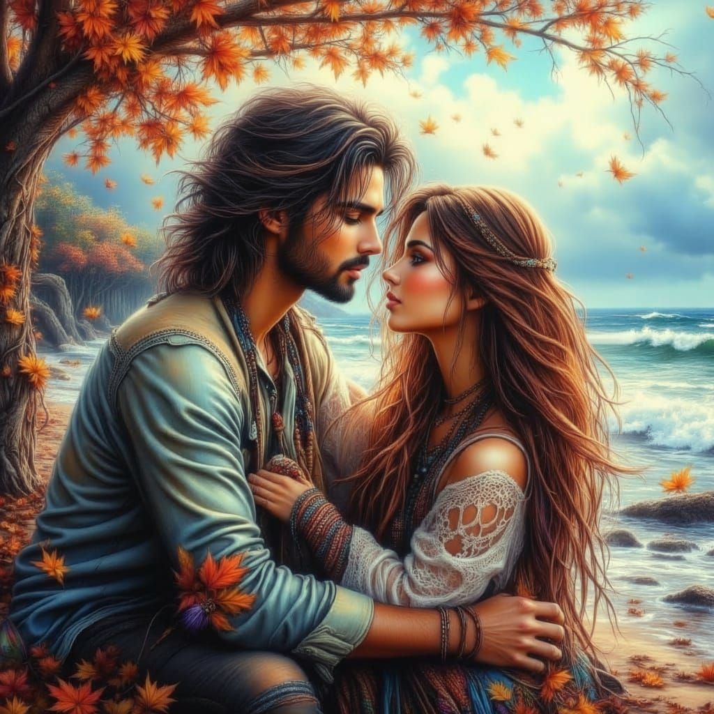 Couple's Tender Moment on Windswept Beach in Autumn