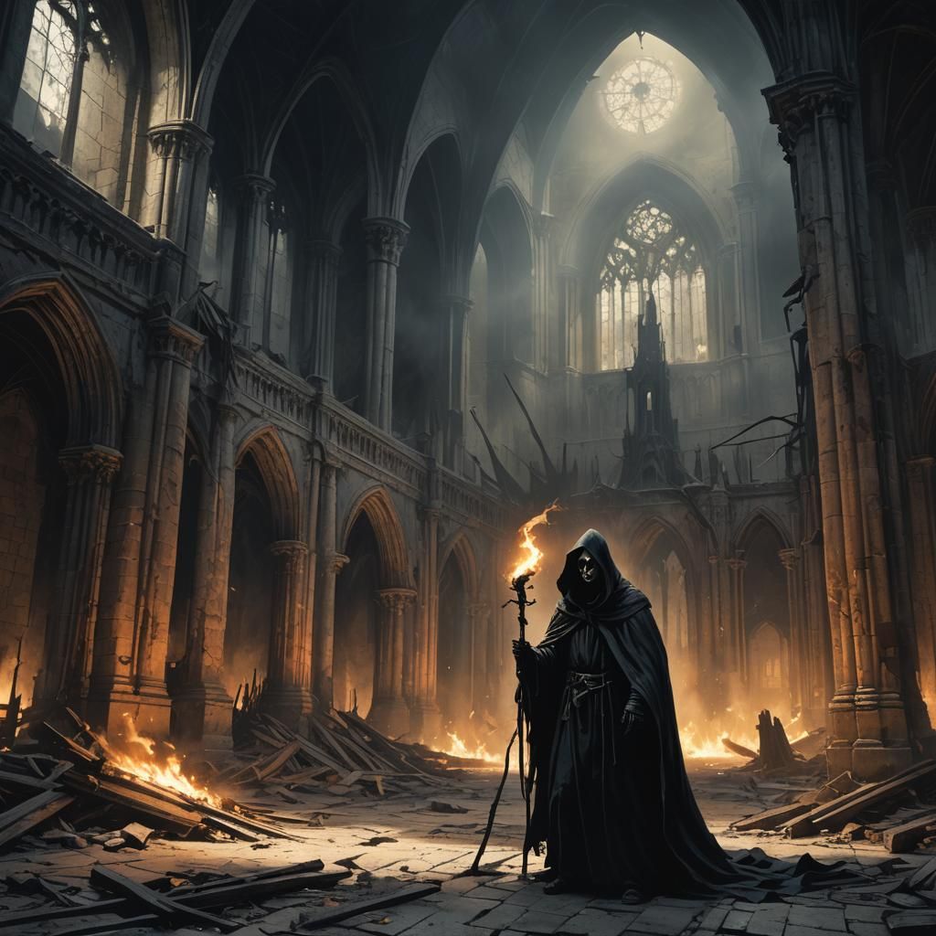 Grim Reaper in Abandoned Cathedral: Dark Fantasy Illustratio...