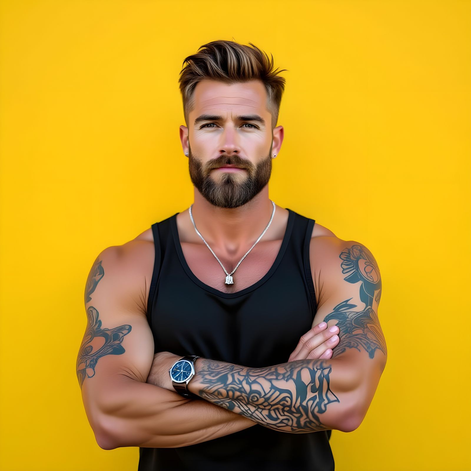 Muscular Man with Tattoos Against Yellow Backdrop