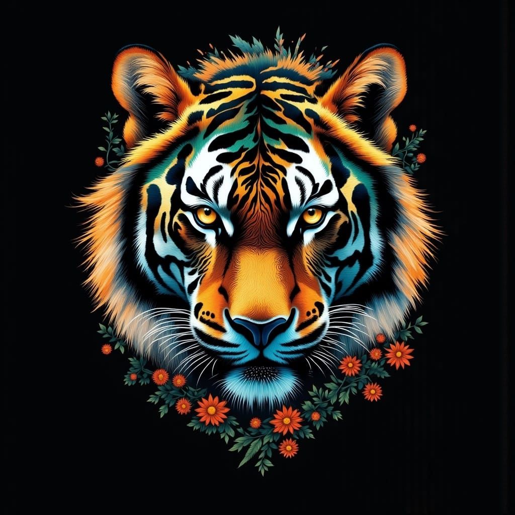 Surreal Tiger's Face in Electric Orange, Set in a Dreamlike....