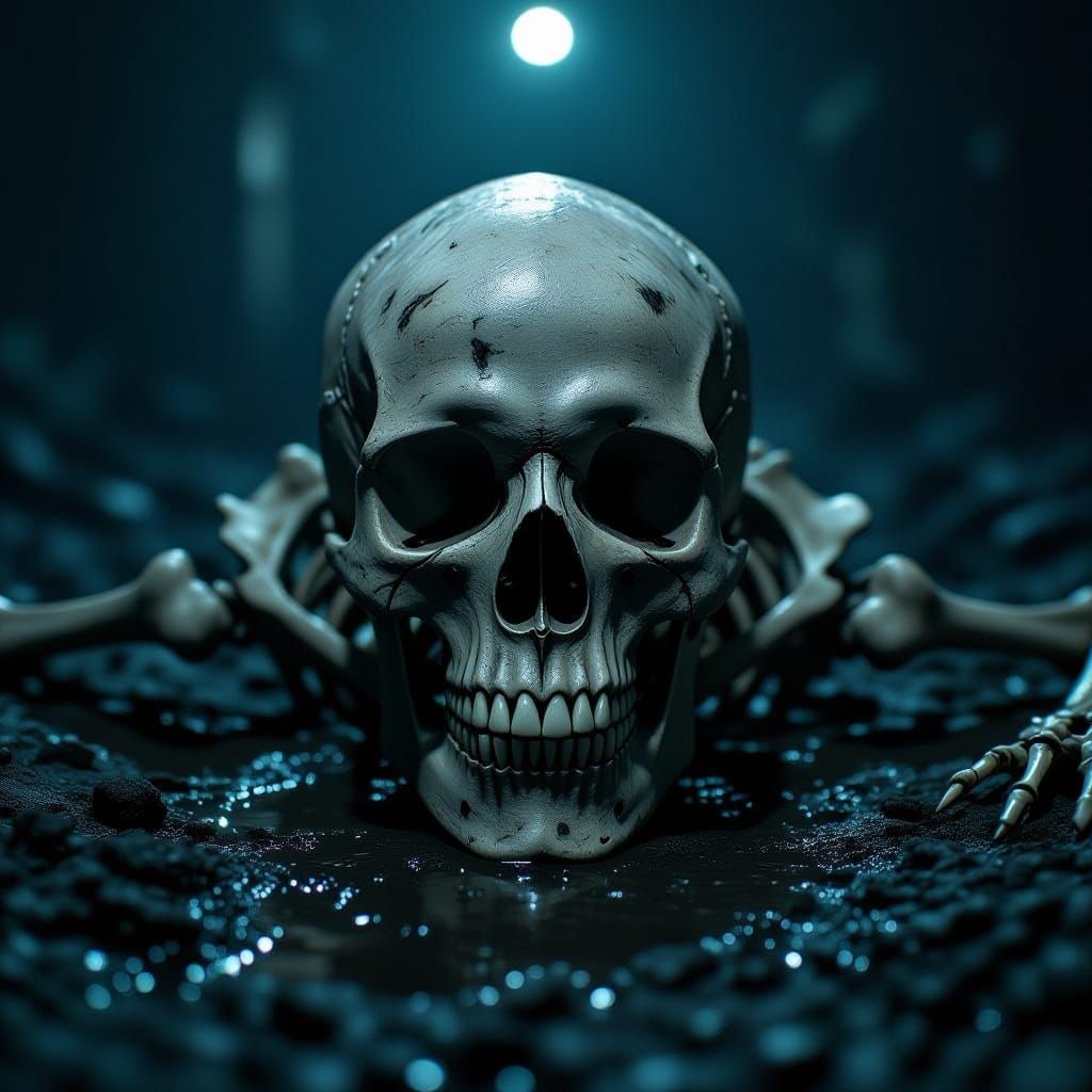 Close-Up Skeleton on Ground Eerie Cinematic Lighting