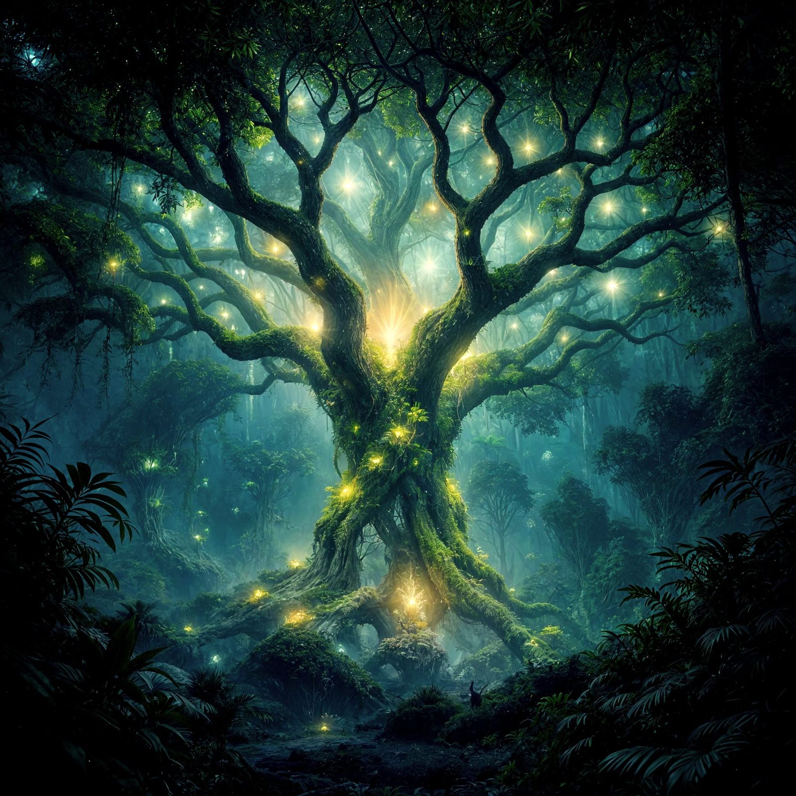 Bioluminescent Alien Tree in Dark Jungle