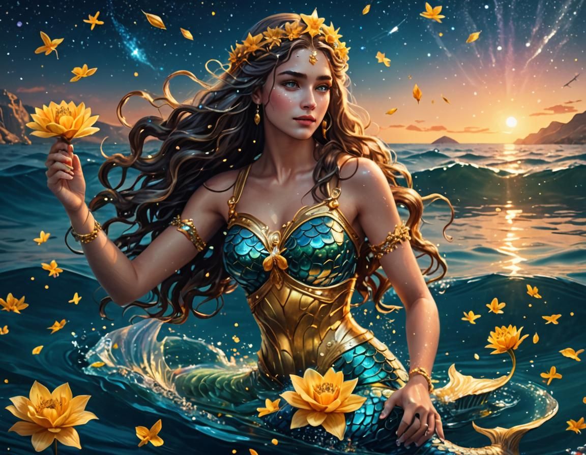 Mermaid Goddess with Golden Flowers on Saturn