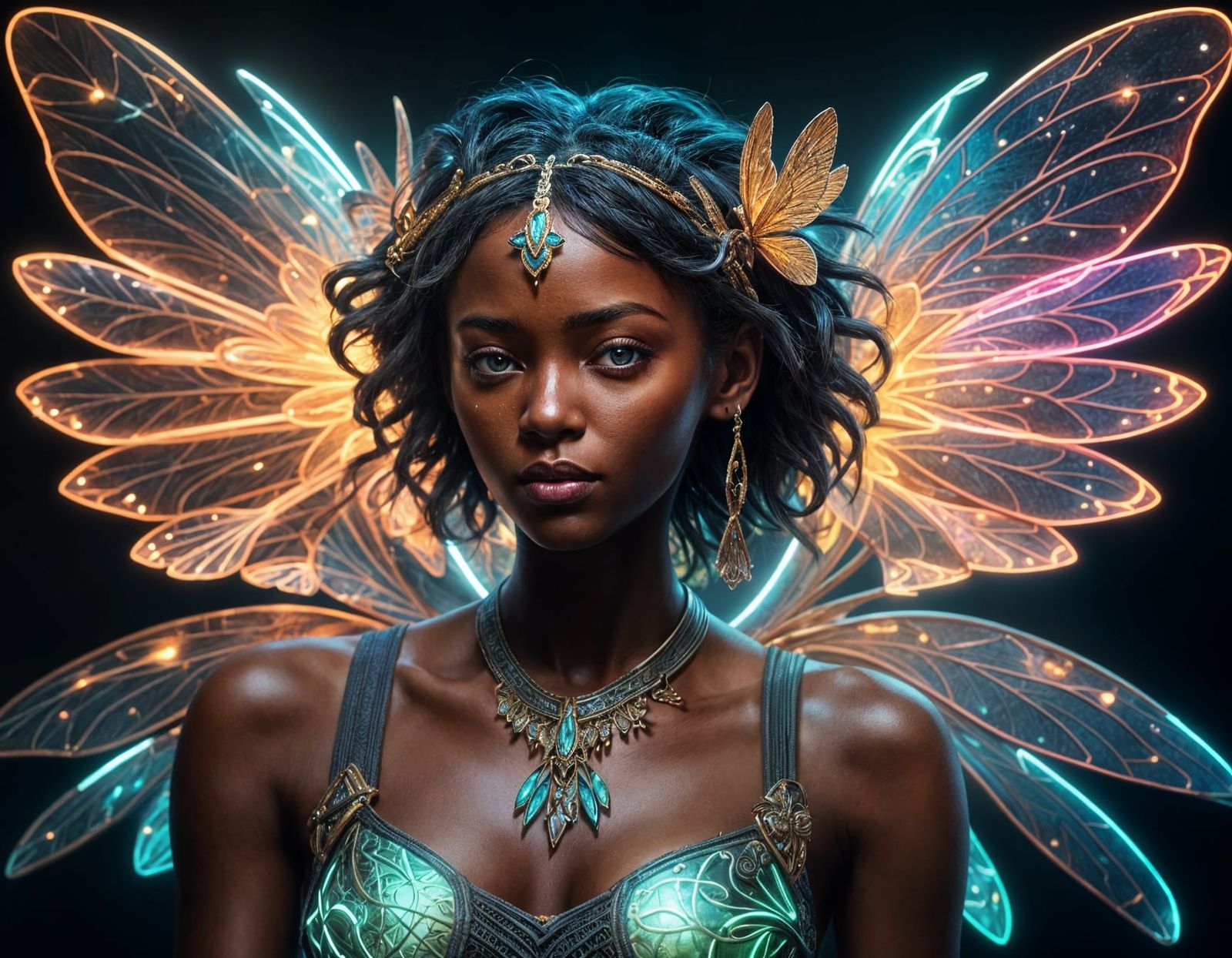 African Fairy with Neon Wings: Digital Art
