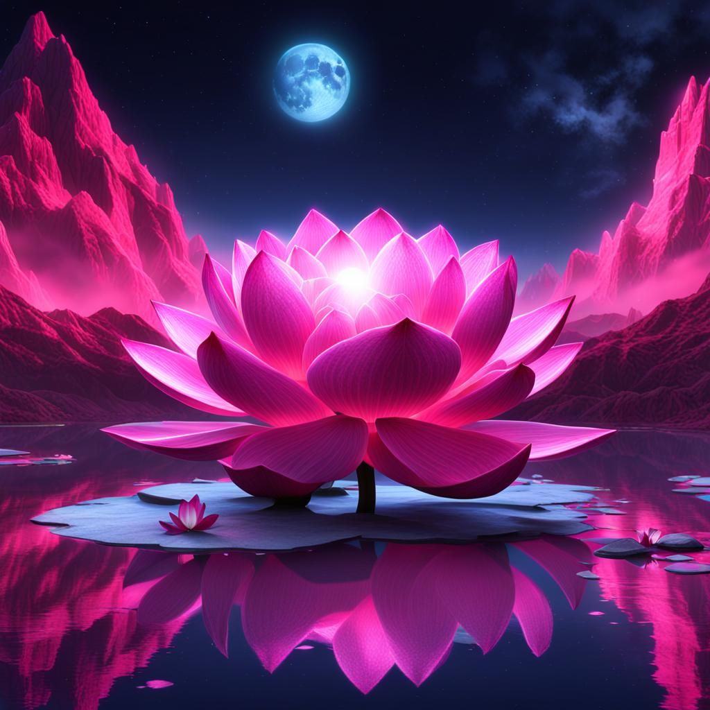 glowing pink crystal lotus flower inside clear lake at midni...