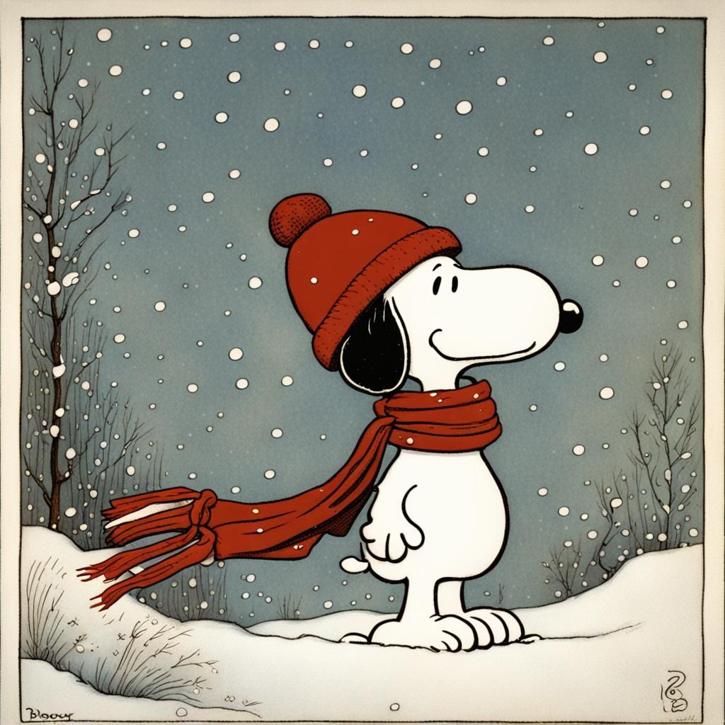 Snoopy in Winter Scene, Storybook Illustration