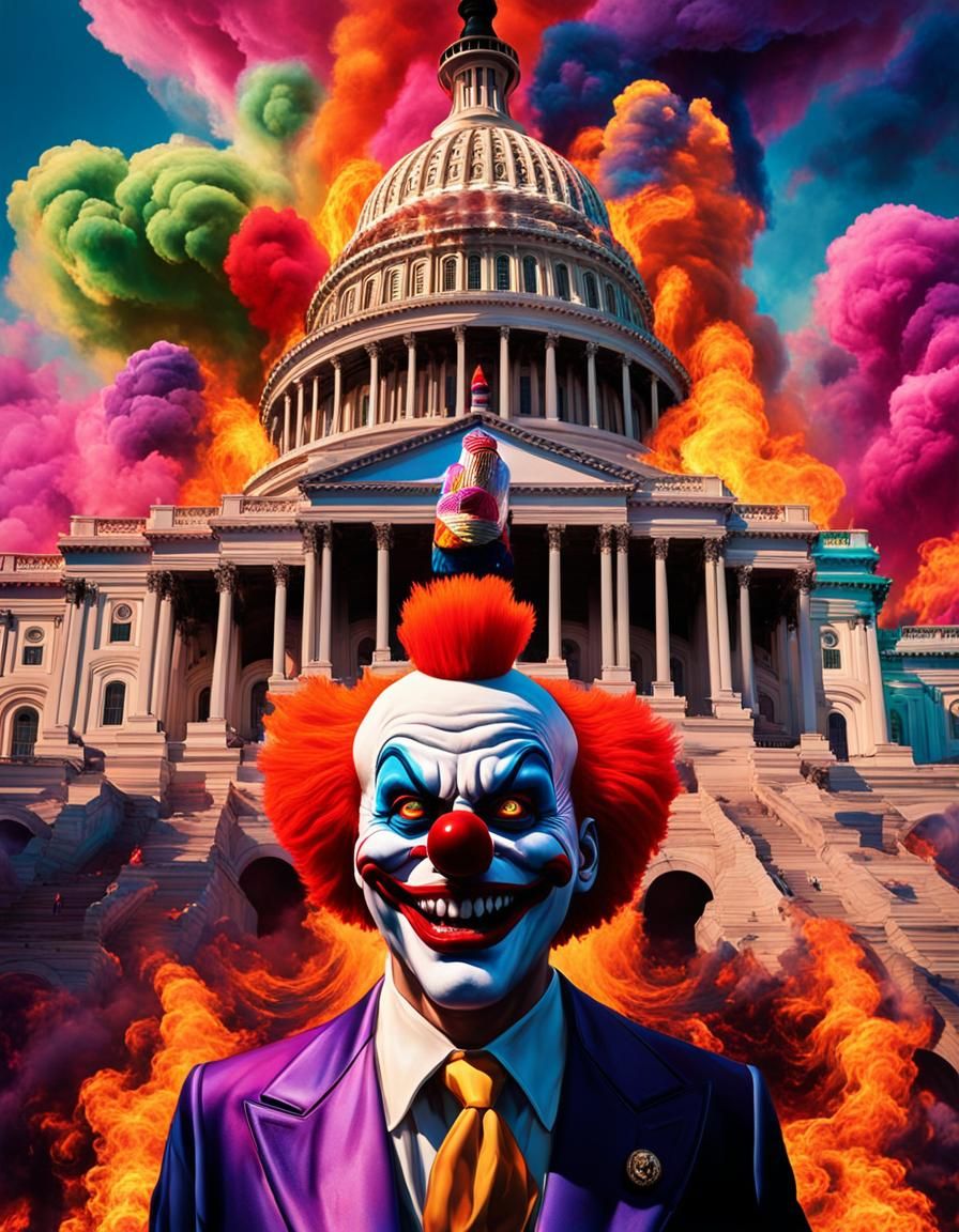 Retrofuturistic U.S. Capitol with Evil Clown Faces