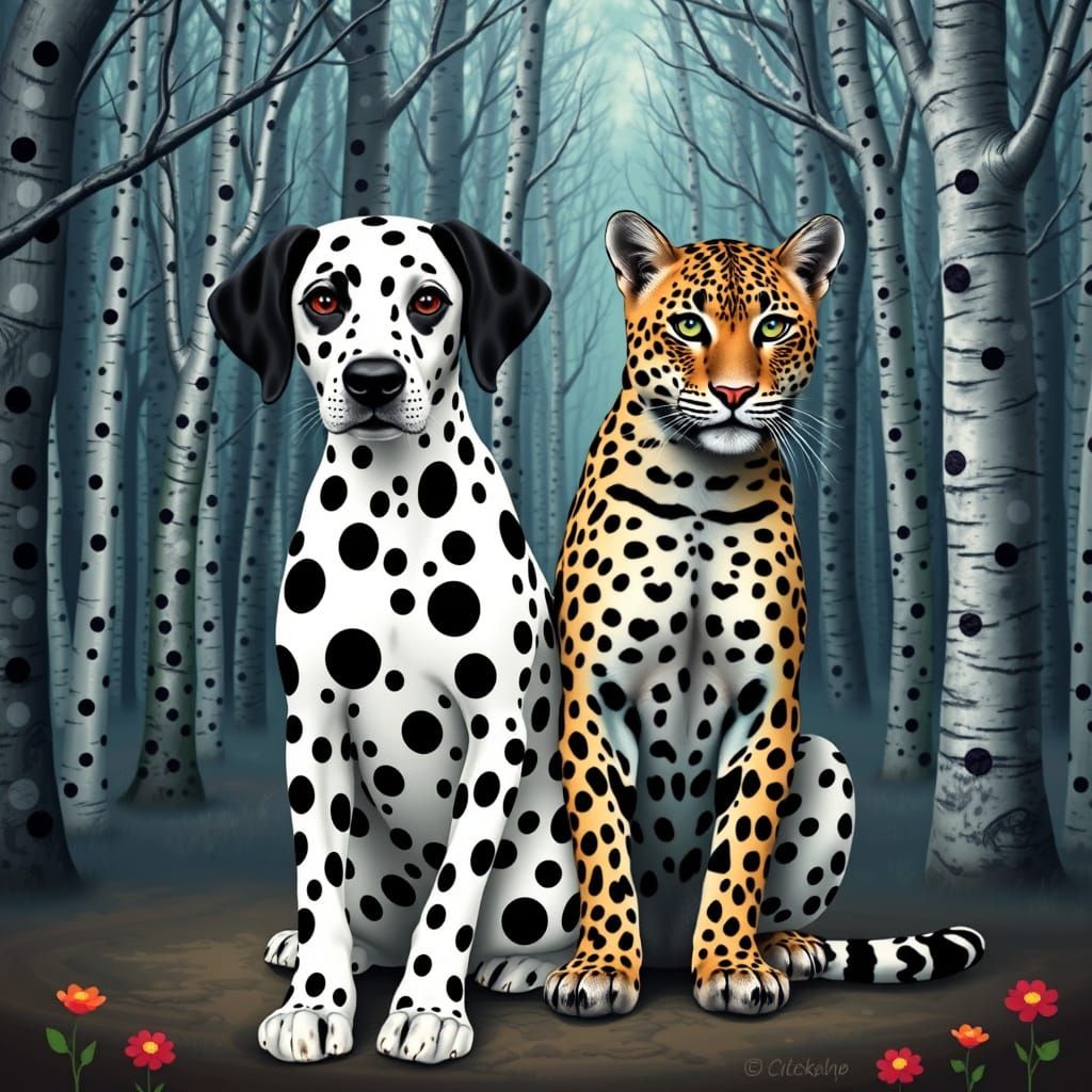 Polka Dot Leopard and Dalmatian in Fantasy Forest