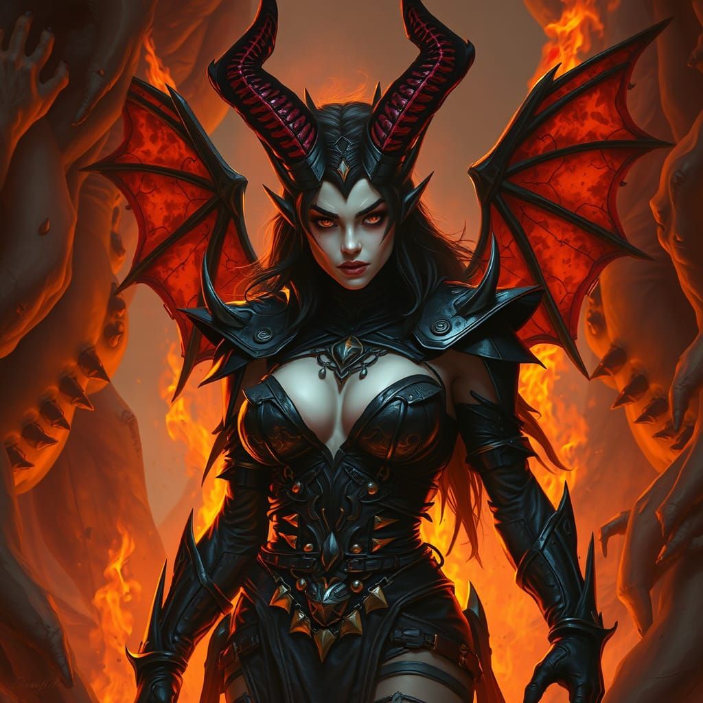 Fiery Demoness in Dark Leather Armor