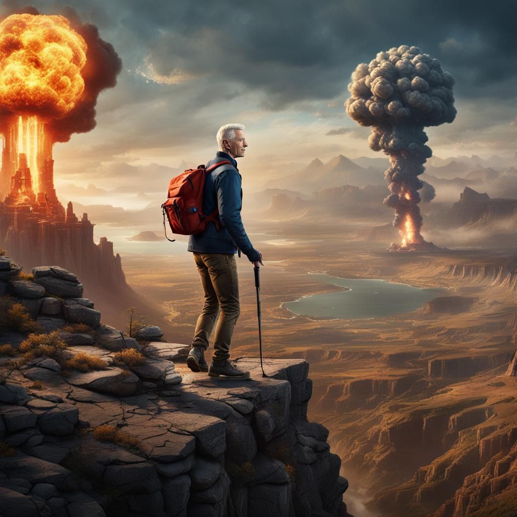 Young Anderson Cooper riding pogo stick off a cliff with nuclear explosion
