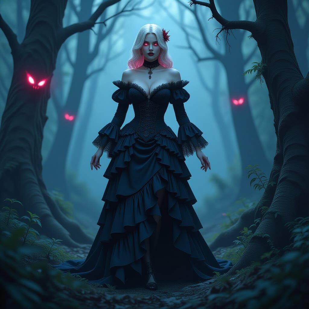 Gothic Woman in Forest Clearing: Dark Fantasy Art