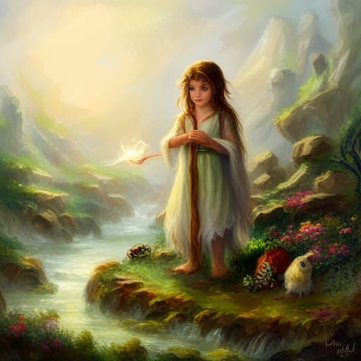 Ethereal Halfling Druid in a Fantasy Landscape