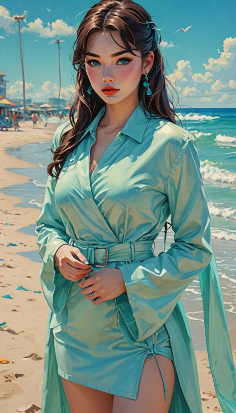 Anime Pin-Up Girl on Beach with Neon Background