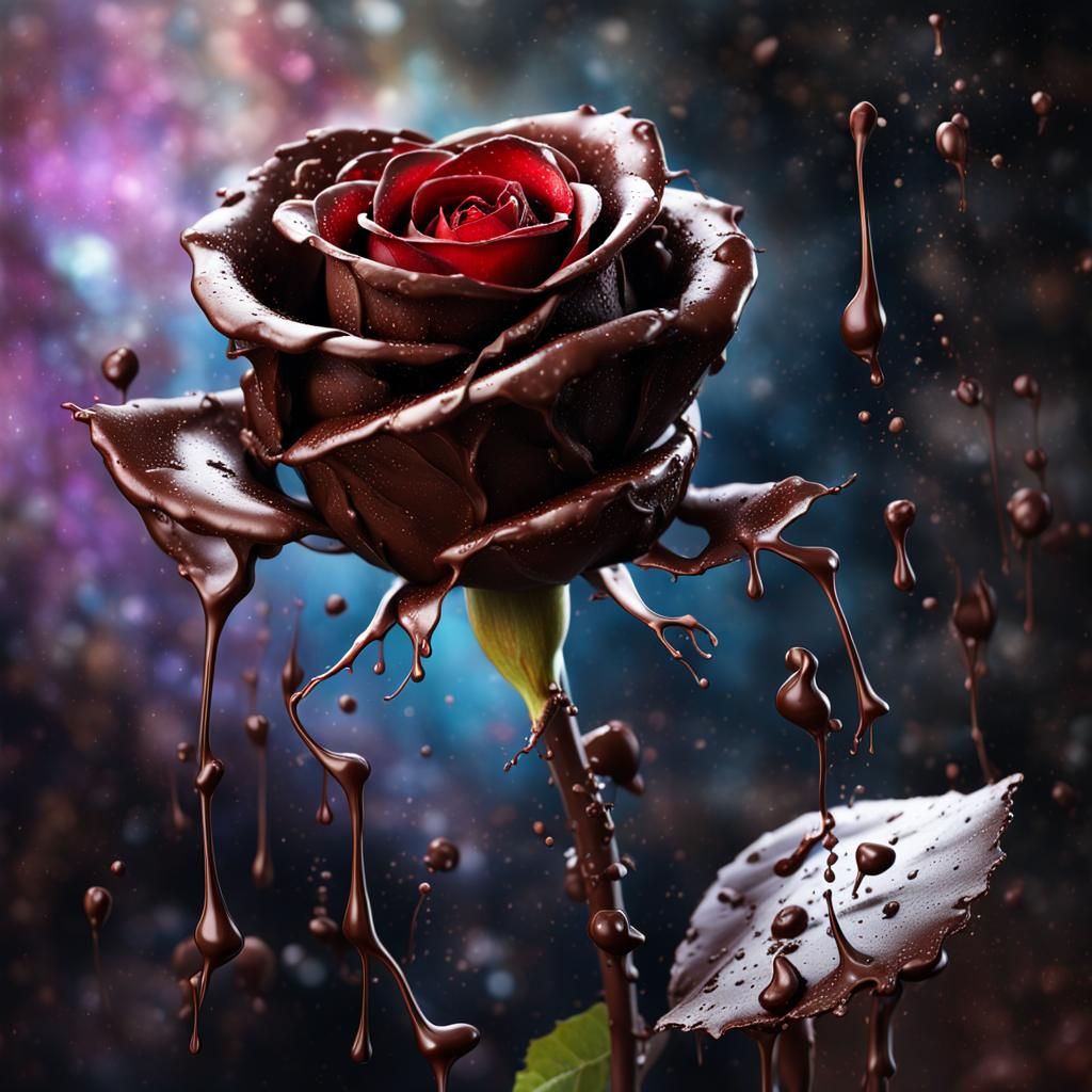 Chocolate Drips on a Red Rose, Hyperrealistic Photo