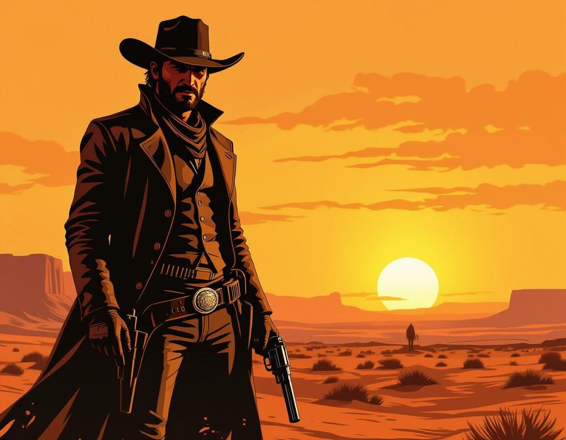 Lone Gunslinger in Desert Sunset, Spaghetti Western Style