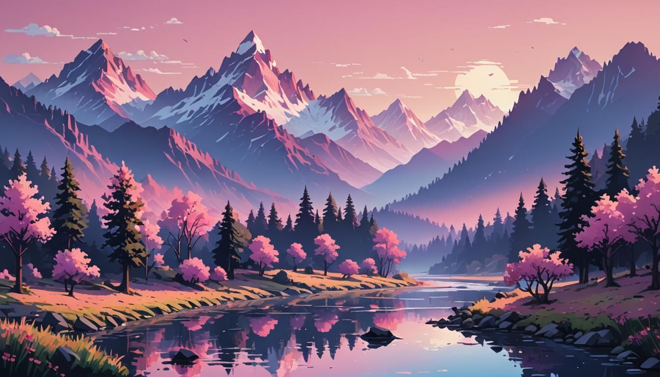 Serene Pixel Art Mountain Landscape with River