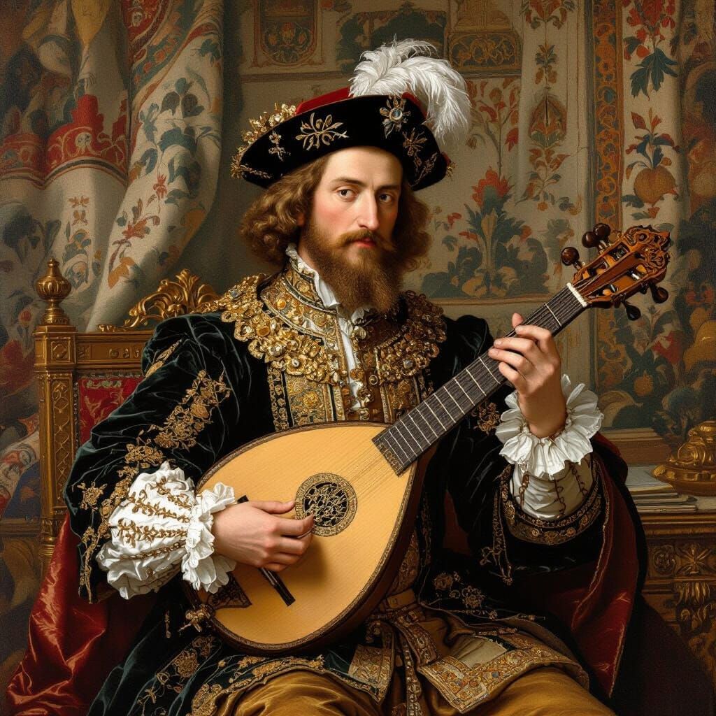 Court Musician Playing Lute for Royalty in Opulent Hall
