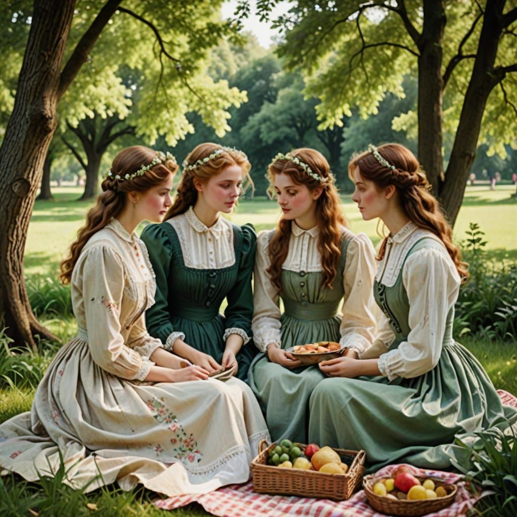 Elegant Victorian Women Enjoy a Picnic in a Lush Green Setti...