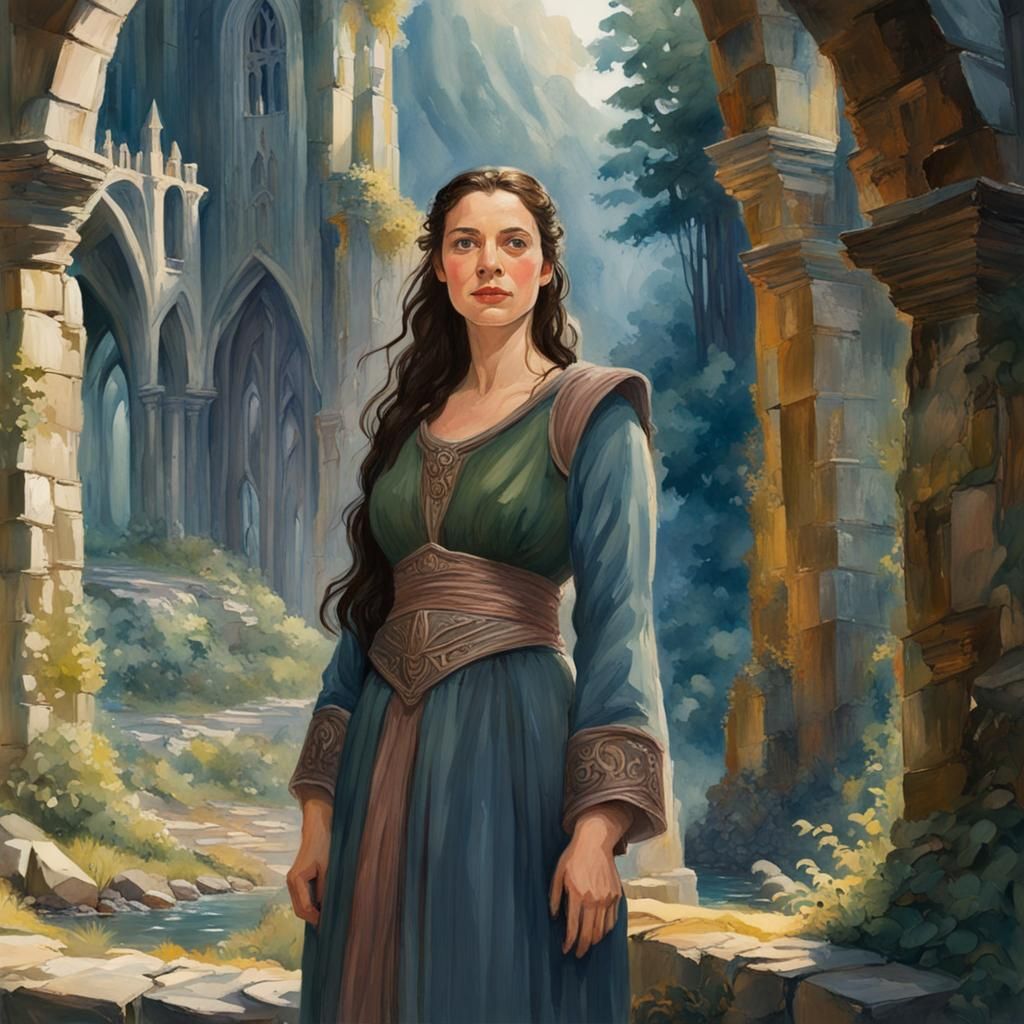 Arwen Undómiel in Rivendell Ruins: Gouache Style