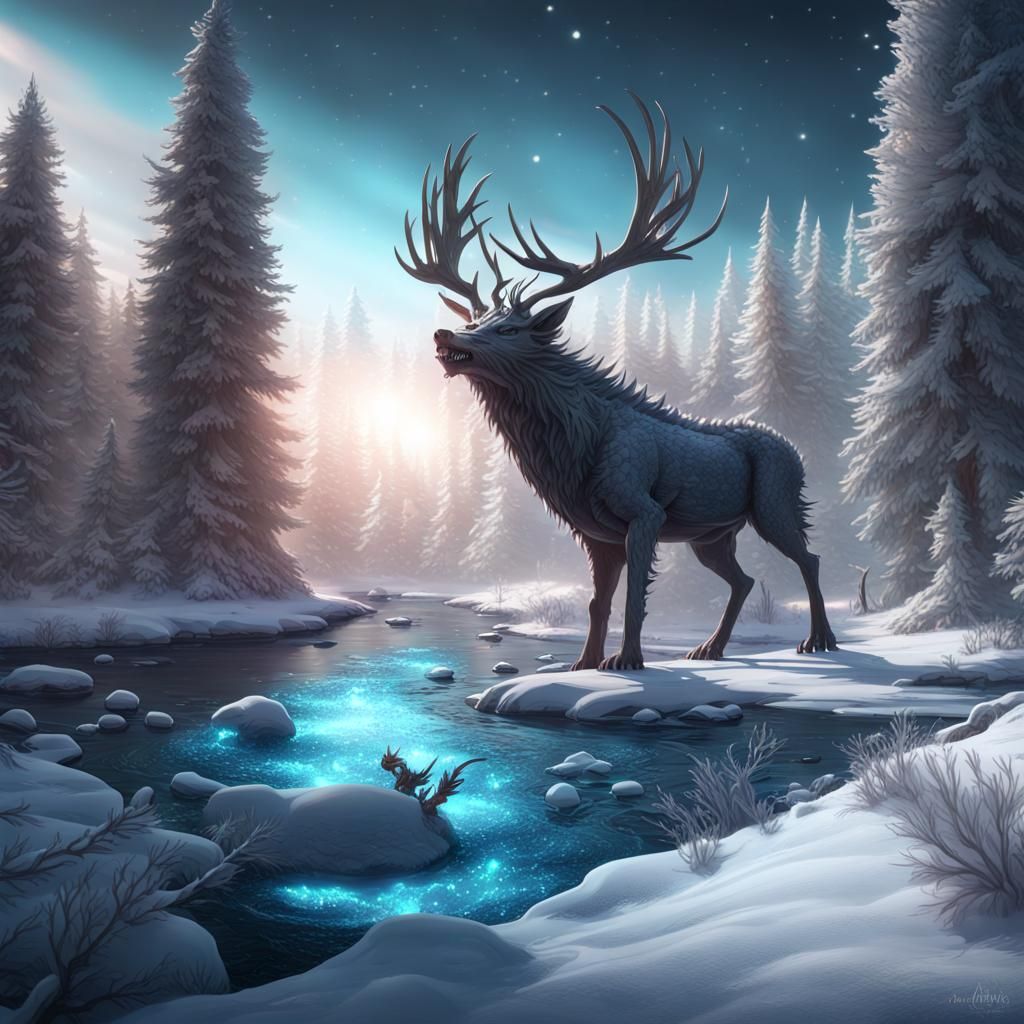 Cosmic Winter Riverscape with Dragons and Animals
