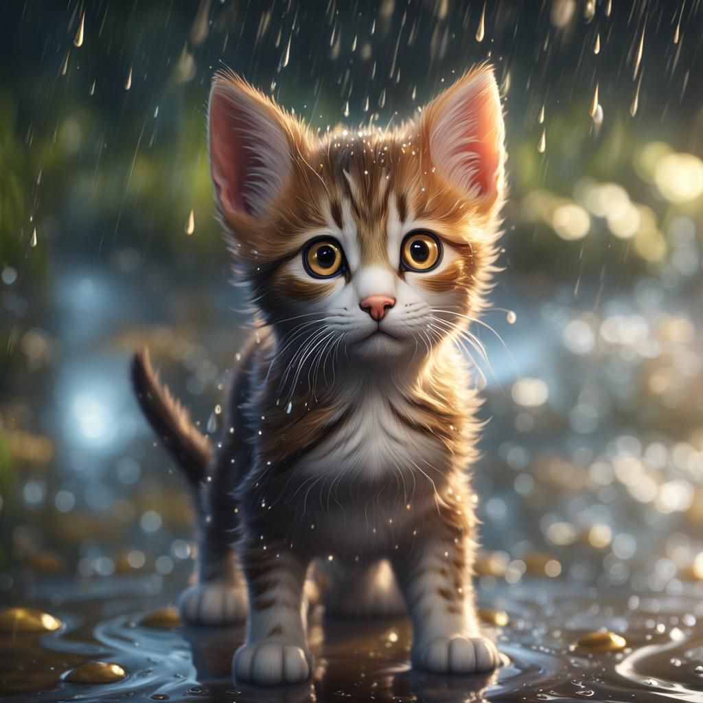 Adorable Kitten in Rain: Realistic Fantasycore Artwork