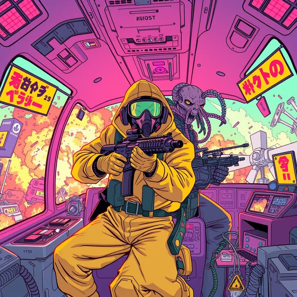Retro-Futuristic Cyberpunk War Scene in Vibrant Neon Colors