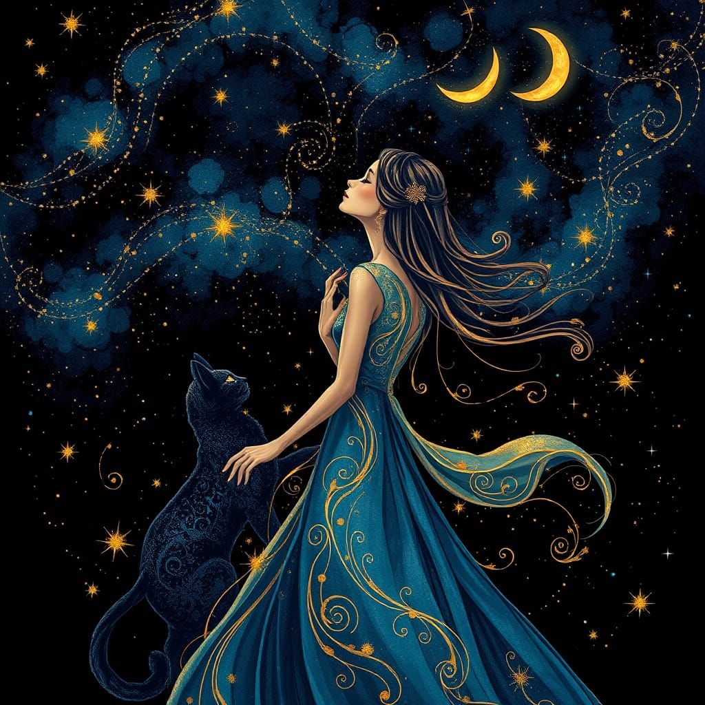 Cosmic Goddess in Iridescent Gown Under Starry Night Sky