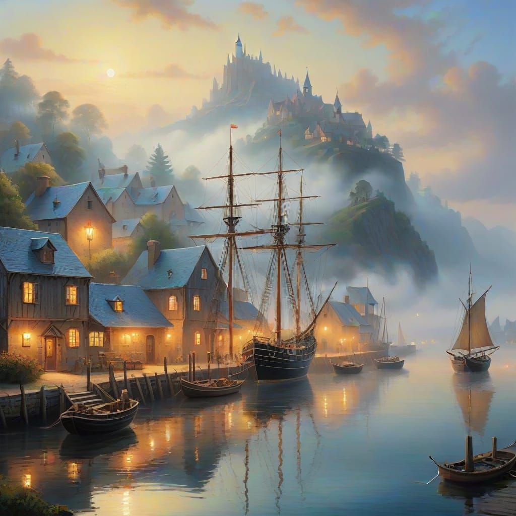 Illuminated Village and Tall Ship: Renaissance Painting